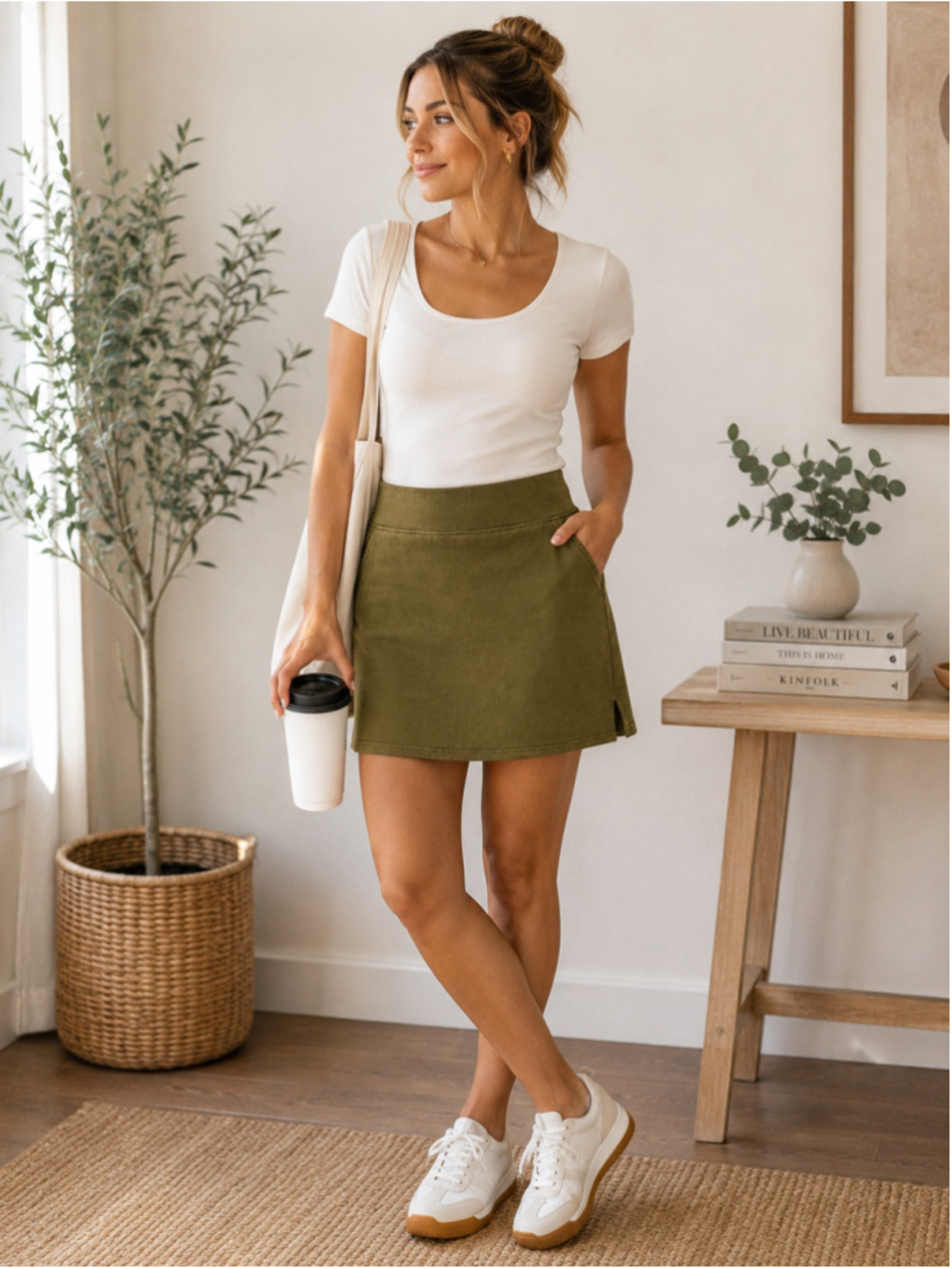 Pact Organic Cotton Green A-Line Mini Skirt Size M Pull On Pockets Casual